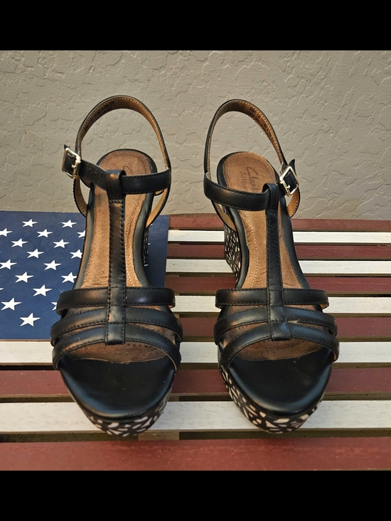 Clarks Shoes - Clarks Black T-Strap Wedge Sandals